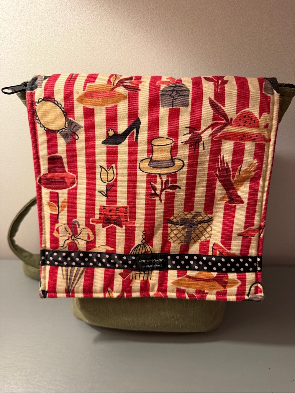 Anna William Vintage Red ‘Candy Striped’ Canvas Backpack. Rare, retired pattern.